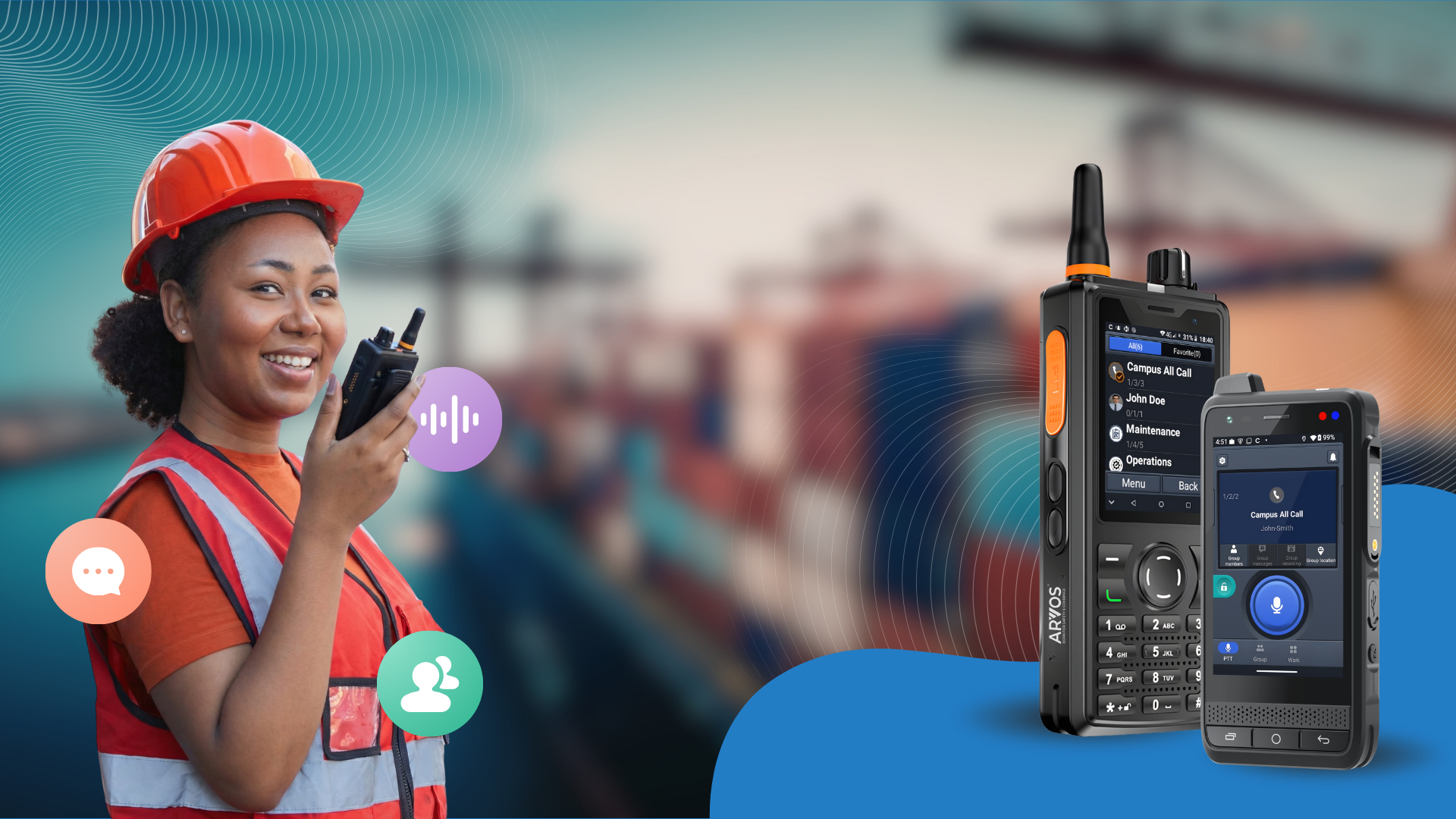 A field professional using ARVOS push-to-talk devices
